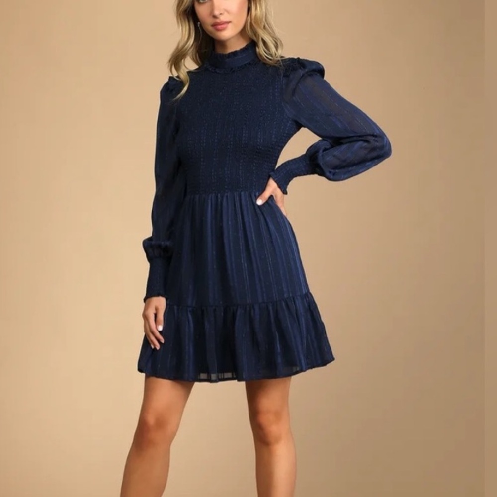 Lulus Heartful Romance Navy Striped Smocked Long Sleeve Mini Dress